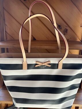 kate spade Black and White Striped Tote with Bow Accent and Tan Handles